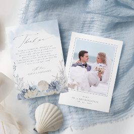 Cartão De Agradecimento Boho Blue Watercolor Shells Beach Wedding Photo