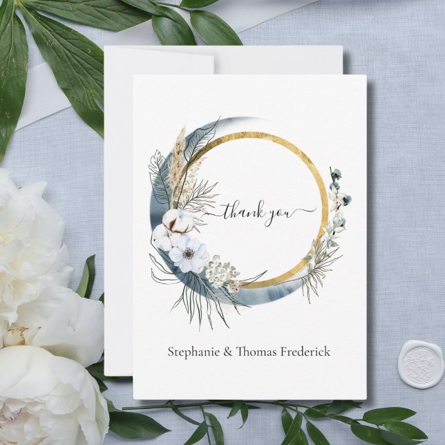 Cartão De Agradecimento Boho Boho Dourado Branco Azul (Blue white gold boho wedding thank you card)