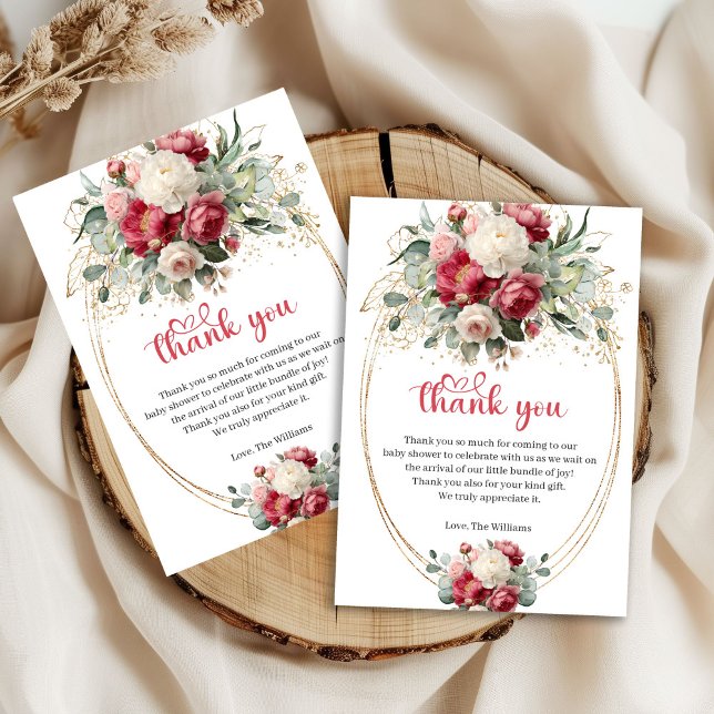 Cartão De Agradecimento Boho Borgonha Flores Rosadas Chuveiro de Bebê Agra (Boho Burgundy Blush Floral Baby Shower Thank You Card)