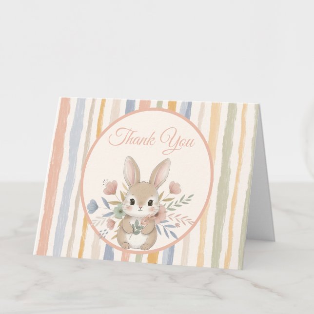 Cartão De Agradecimento Boho Bunny Watercolor Stripe  (Boho Bunny watercolor stripe thank you note card)