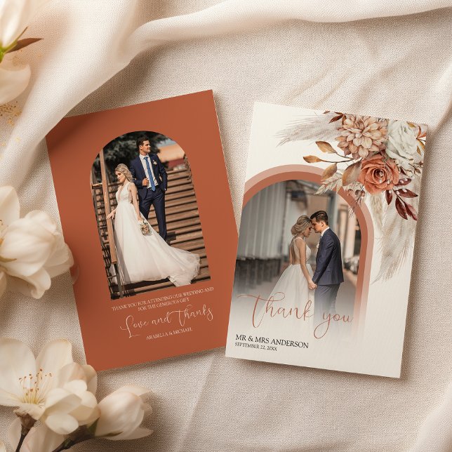 Cartão De Agradecimento Boho Burnt Orange Floral & Pampas Foto Muito Obrig (Criador carregado)