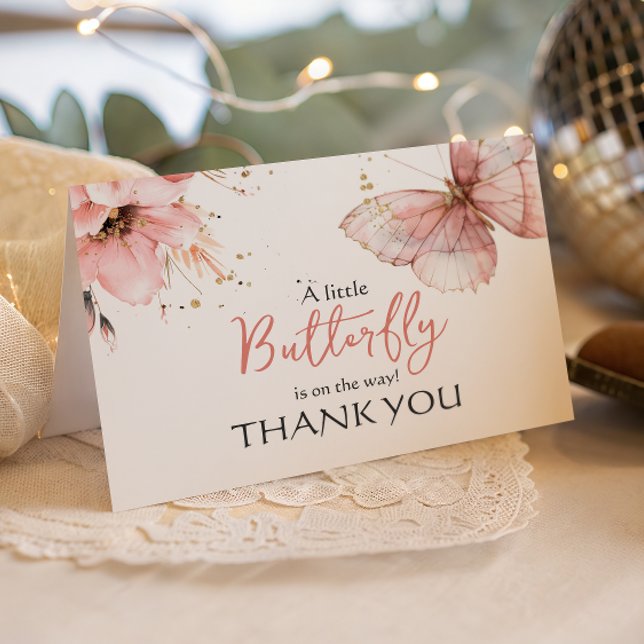 Cartão De Agradecimento Boho Butterfly Wild Floral Pink Girl Baby Shower (Criador carregado)