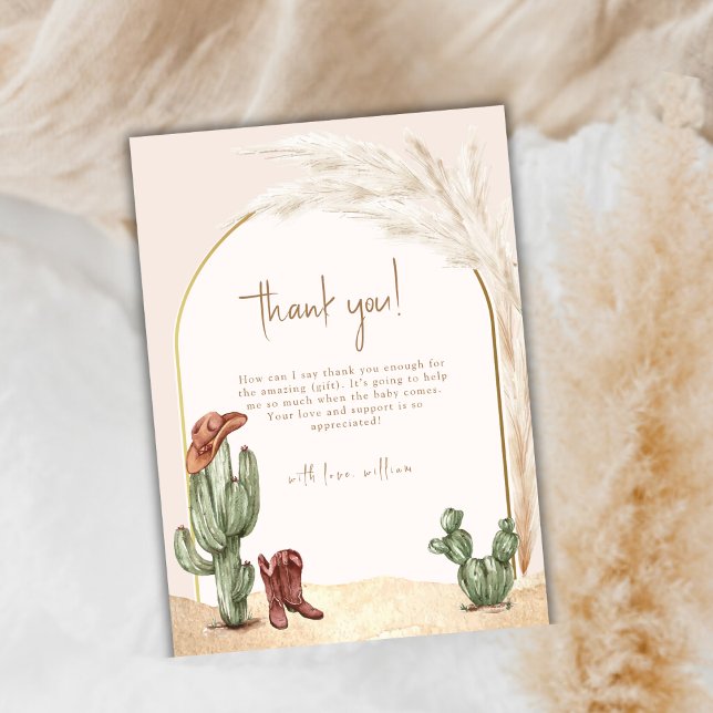 Cartão De Agradecimento Boho Cactus Arch Desert Cowboy Alô Chá de fraldas (Boho Cactus Arch Desert Cowboy Hello Baby Shower Thank You Card)