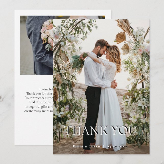 Cartão De Agradecimento Boho Chic Beach Wedding Thank You Card with Floral (Frente/Verso)