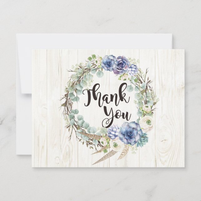 Cartão De Agradecimento Boho Chic Suculta Eucalyptus Rustic Obrigado (Frente)