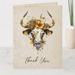 Cartão De Agradecimento Boho Chic Watercolor Vaca Floral Casamento Crânio