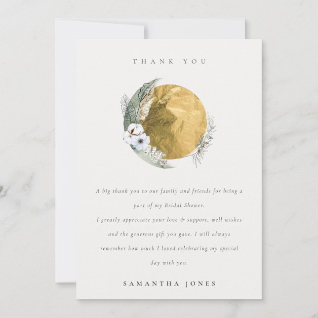 Cartão De Agradecimento Boho Dourado Saga Green Floral Chá de panela (Frente)