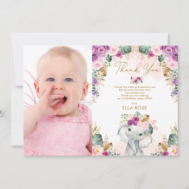 Cartão De Agradecimento Boho Elephant Girl Pink Purple Floral Birday (Frente)
