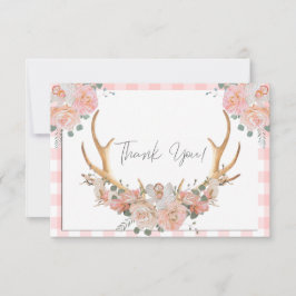 Cartão De Agradecimento BOHO Floral Antlers Coral Gingham