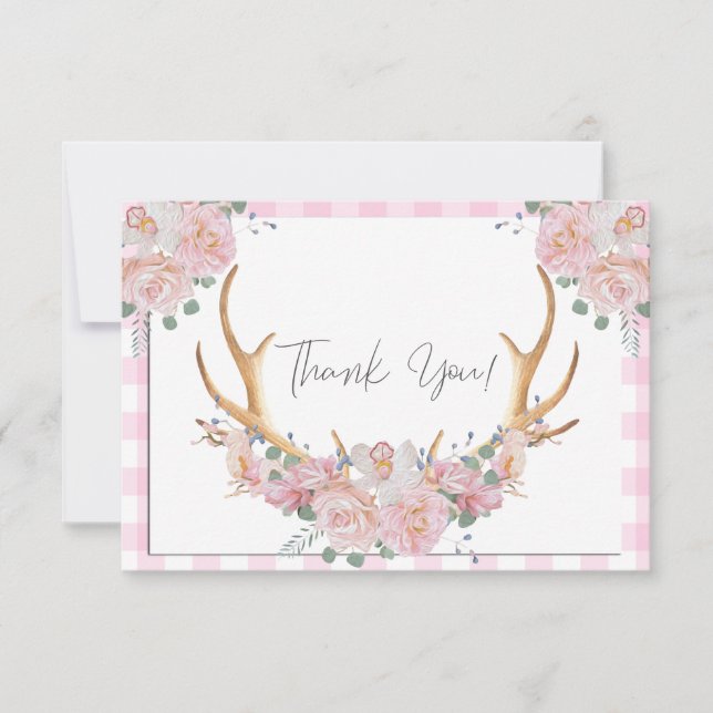 Cartão De Agradecimento BOHO Floral Antlers Rosa Gingham (Frente)