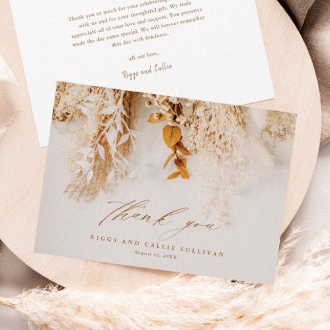 Cartão De Agradecimento Boho Floral Elegant Script Wedding (Elegant dried floral boho script wedding thank you cards.)