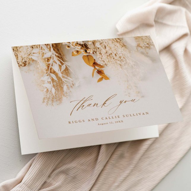 Cartão De Agradecimento Boho Floral Elegant Script Wedding (Elegant dried floral boho script wedding thank you cards.)