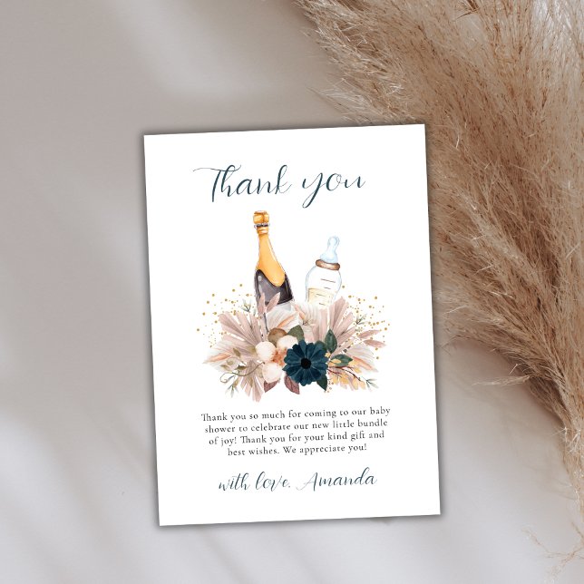 Cartão De Agradecimento Boho Floral Poppin Champagne Chá de fraldas (Floral Boho Poppin Champagne Bottles Baby Shower Thank You Card)