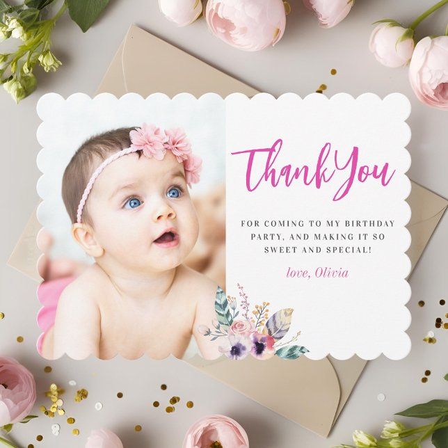 Cartão De Agradecimento Boho Floral Wild One Girl's First Birthday Photo (Criador carregado)