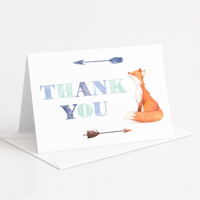 Cartão De Agradecimento Boho Fox Birthday Orange E Blue (Boho watercolor blue and orange thank you card design with cute fox)
