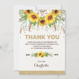 Cartão De Agradecimento Boho Girassóis Aniversário Aquarela Apanhador de S