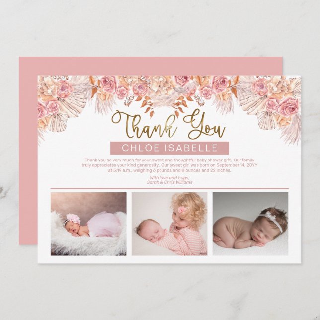 Cartão De Agradecimento Boho Girl 3 Photo Pampas Grass | Rosa Floral (Frente/Verso)