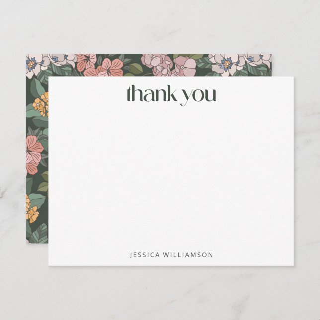 Cartão De Agradecimento Boho Green Floral Wildflower Custom Stationery (Frente/Verso)