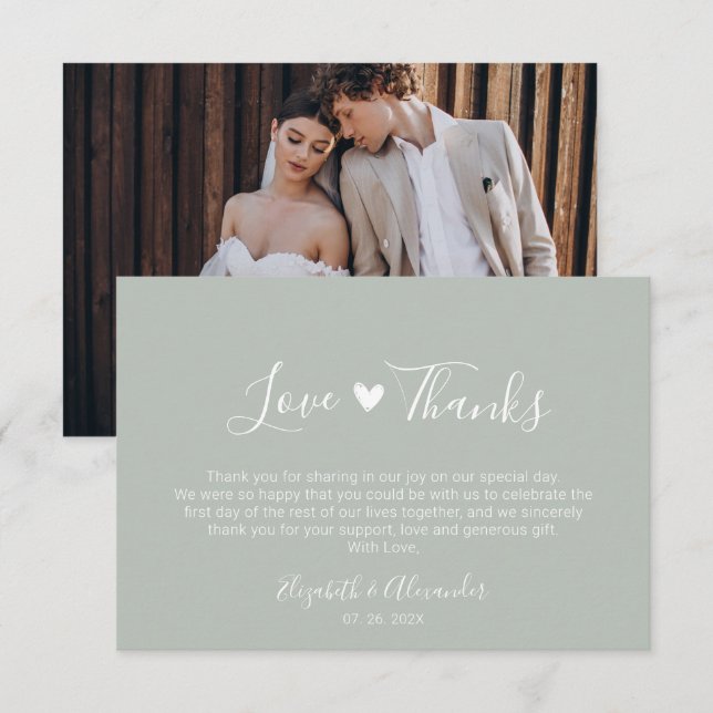 Cartão De Agradecimento Boho Heart Script Sage Green Wedding Foto (Frente/Verso)