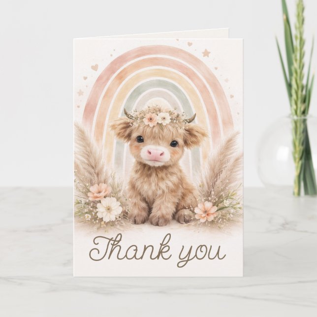 Cartão De Agradecimento Boho Highland Cow Rainbow Baby Shower Blank (Frente)