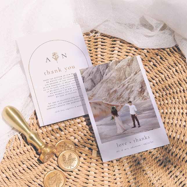 Cartão De Agradecimento Boho Inicializa Arch e Casamento Fotográfico Terra (Criador carregado)