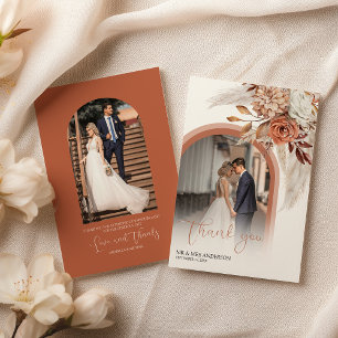 Cartão De Agradecimento Boho Laranja Queimado Floral & Pampas Foto Agradec