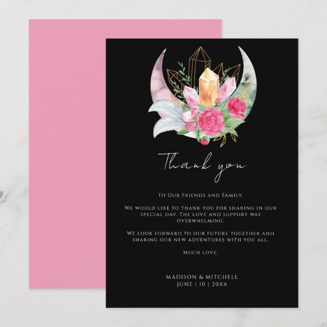 Cartão De Agradecimento Boho Lua Cristais Penas Flores Rosa Casamento  (Frente/Verso)