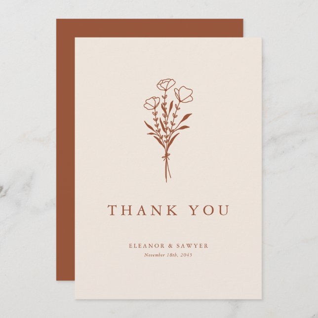 Cartão De Agradecimento Boho Minimalist Botanicals Terracotta Wedding (Frente/Verso)