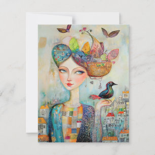 Cartão De Agradecimento Boho Mixed Media Girl and Bird in Village Card