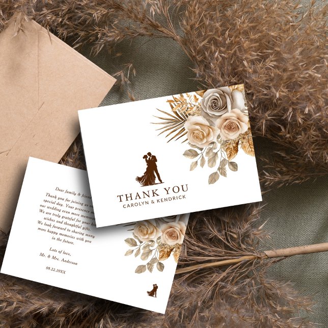 Cartão De Agradecimento Boho Neutral Acentos Florais Elegante Casamento (Criador carregado)