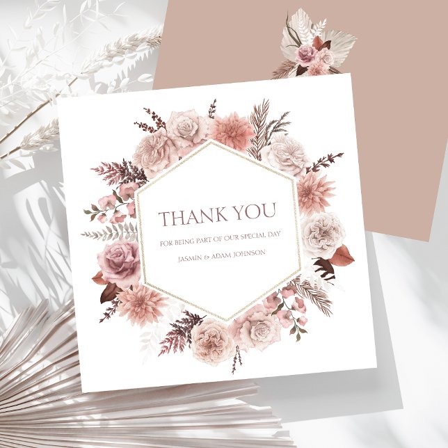 Cartão De Agradecimento Boho Neutral Terracotta Floral Wreath Casamento (Boho Dusty Pink Dried Flowers Wreath Wedding Thank You Card)