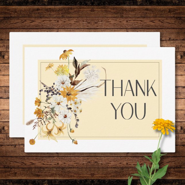 Cartão De Agradecimento Boho Ouro Amarelo Flores Amarelas Casamento (Boho Golden Yellow Meadow Flowers Yellow Wedding Thank You Card)