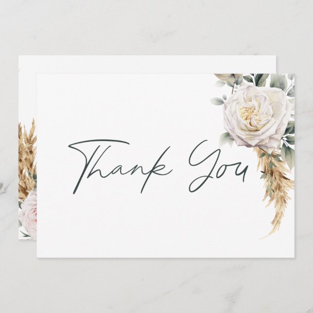 Cartão De Agradecimento Boho Pampas e Rosas Rosa Casamento Branco (Frente/Verso)