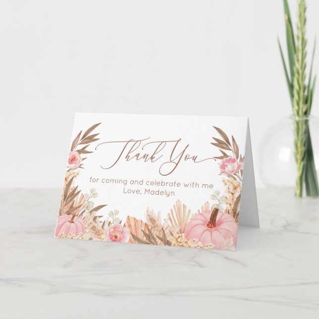 Cartão De Agradecimento Boho Pampas Grass Pumpkin thank you card (Frente)
