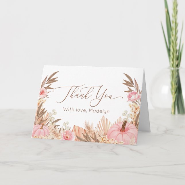 Cartão De Agradecimento Boho Pampas Grass Pumpkin thank you card (Frente)