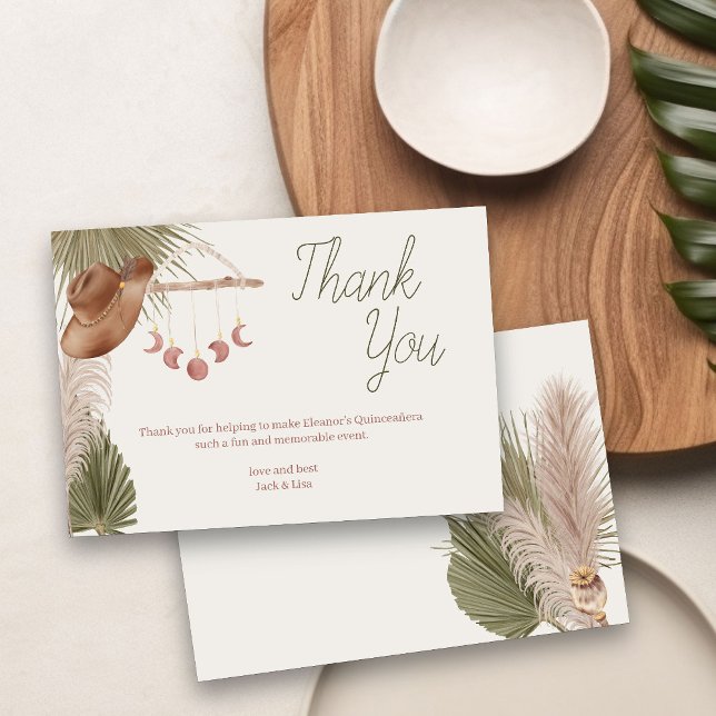 Cartão De Agradecimento Boho Pampas Grass Western Cowgirl (Boho Western Mystical themed thank you card from my Western Boho Quinceanera Collection)