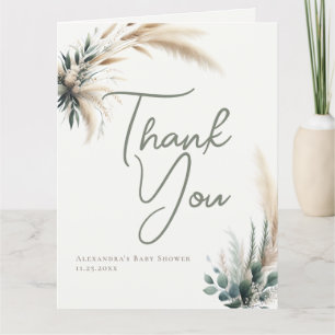 Cartão De Agradecimento Boho Pampas Greenery Calliografia Chá de fraldas