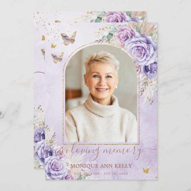 Cartão De Agradecimento Boho Pampas Purple Floral Foto Funeral Memorial (Frente/Verso)