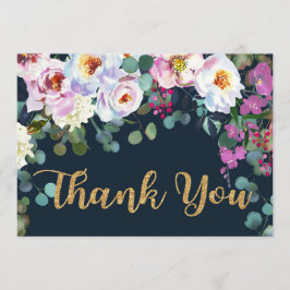 Cartão De Agradecimento Boho Peonies Marinho Dourado Floral Moderno Obriga