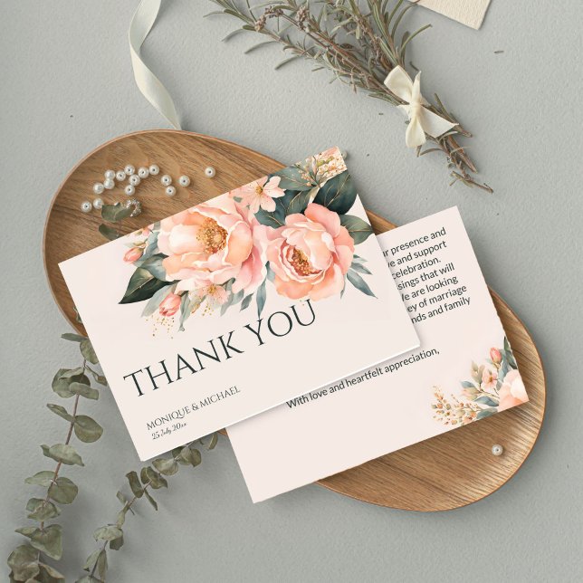 Cartão De Agradecimento Boho Pessegueiro verde terra floral casamento (Boho peach peonies flowers earthy floral wedding thank you cards simple modern thank yous)
