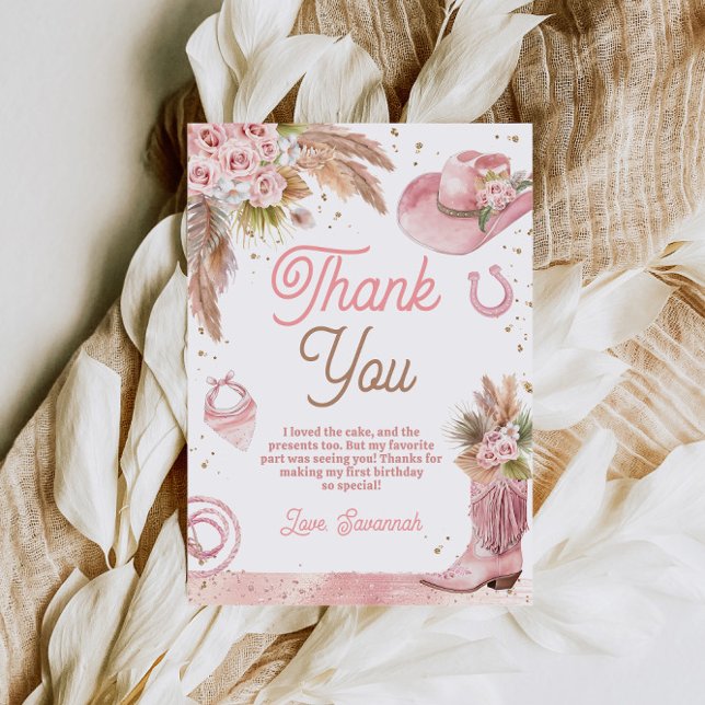 Cartão De Agradecimento Boho Pink First Rodeo primeiro aniversario (Boho Pink First Rodeo 1st Birthday Thank You Card)