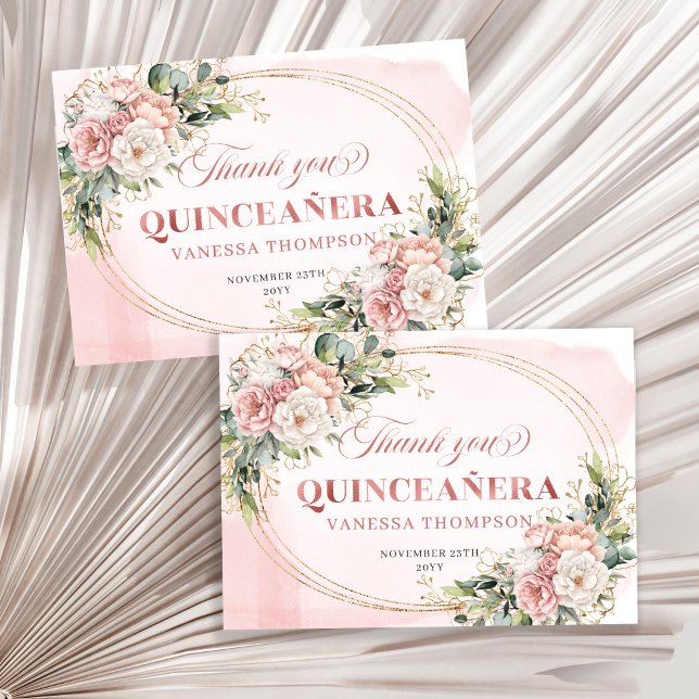 Cartão De Agradecimento Boho Quinceañera Thank You Card Rose Gold Floral  (Boho Quinceañera Thank You Card Rose Gold Floral Eucalyptus)