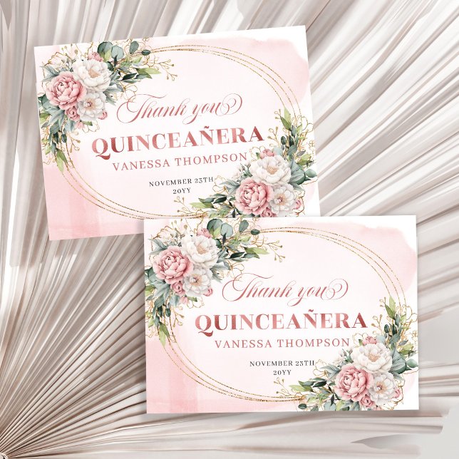 Cartão De Agradecimento Boho Quinceañera Thank You Card Rose Gold Flowers (Boho Quinceañera Thank You Card with Rose Gold Flowers)