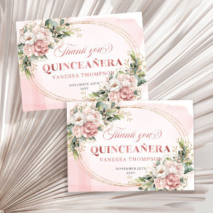 Cartão De Agradecimento Boho Rose Gold Blush Floral Greenery Mis Quince