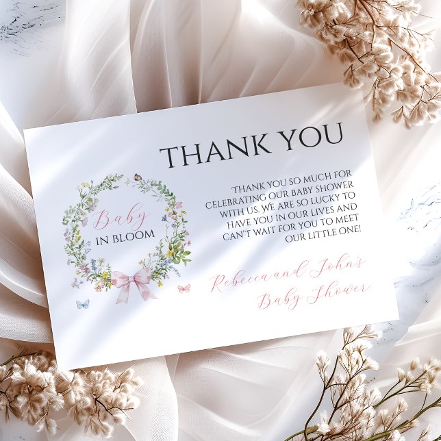 Cartão De Agradecimento Boho Rustic Baby in Bloom Pink Arco Chá de fraldas (Criador carregado)