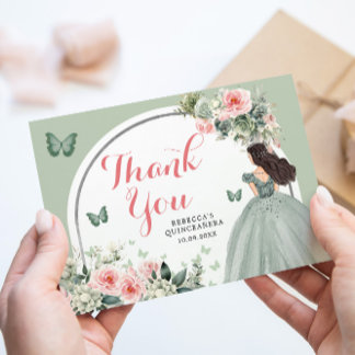 Cartão De Agradecimento Boho Sage Green Floral Princess Quinceañera