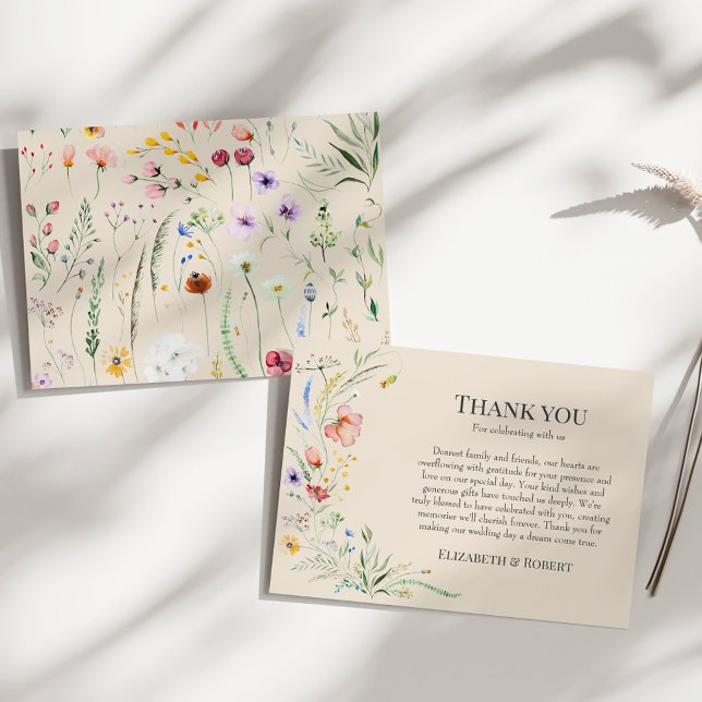 Cartão De Agradecimento Boho Taupe Wildflower Meadow Wedding (Boho Taupe Wildflower Meadow Wedding Thank You Card on a sunny white table.)
