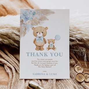 Cartão De Agradecimento Boho Teddy Bear Dusty Blue Floral Baby Boy