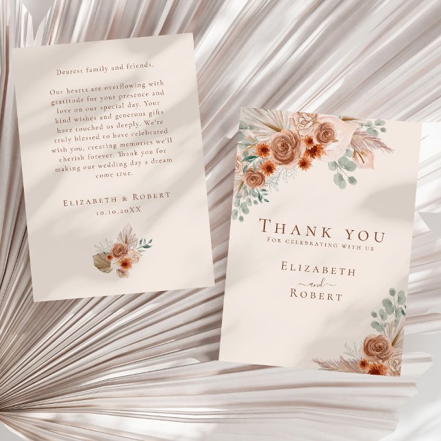 Cartão De Agradecimento Boho Terracota Floral Grama Pampas Casamento (Boho Terracotta Floral Pampas Grass Wedding Thank You Card on a sunny neutral dry palm leaf.)