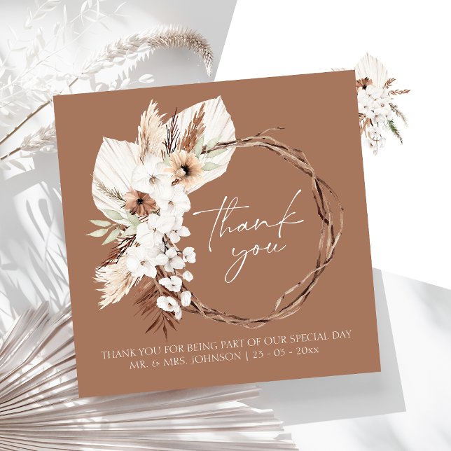 Cartão De Agradecimento Boho Terracotta Brown Casamento Floral Seco (Boho Terracotta Brown Dried Floral Wreath Wedding Thank You Card)